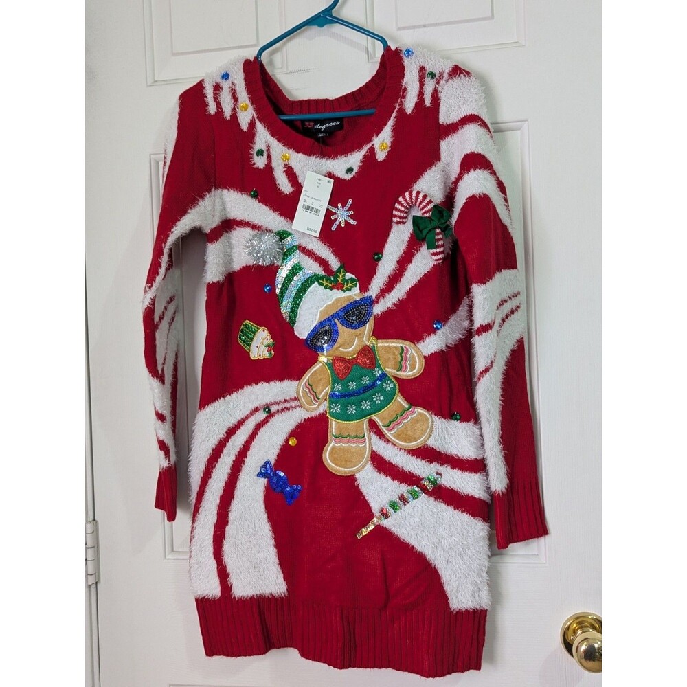 33 Degrees Ugly Christmas Sweater Womens Small Red Gingerbread Man Candy Cane